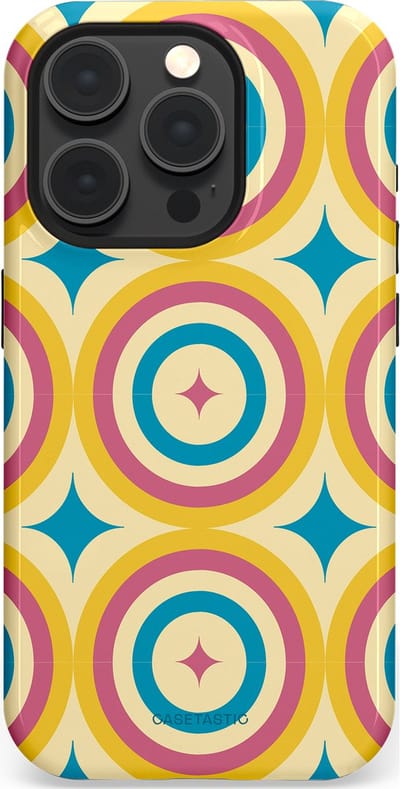 Casetastic hoesje geschikt voor Apple iPhone 15 Pro - MagSafe - Dubbellaagse bescherming - Swinging Retro Boogie Circles - Fashion Case - Crème Goud Lichtblauw Koraal