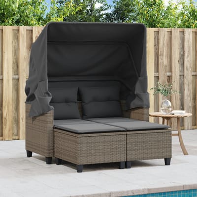 vidaXL - Tuinbank - 2-zits - met - luifel - en - voetenbanken - poly - rattan - grijs
