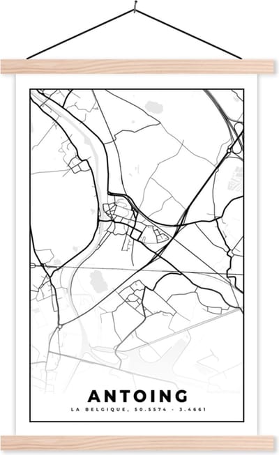 Posterhanger incl. Poster 40x60 cm - Schoolplaat - Kaart – Plattegrond – Stadskaart – Antoing – België – Zwart Wit - Textielposter - Blanke latten - Stadskaart