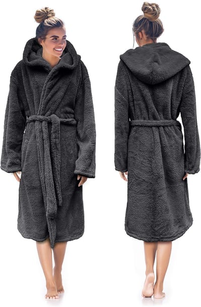 LINNICK Teddy Fleece Badjas met Capuchon inclusief Teddy Tas - Dark Grey - S - Badjas Dames - Badjas Heren