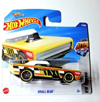 HOT WHEELS SMALL BLOC TAXI CAB BLACK YELLOW 7/250 1:64 HW METRO 2/5 SHORT CARD