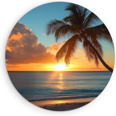 Saammp Muurcirkel Hout - Tropisch strand - Zee met zonsondergang - Palmboom - Ø 90 - Wandcirkel - Wanddecoratie Cirkel - muurdecoratie Woonkamer - Slaapkamer decoratie - Rond Schilderij