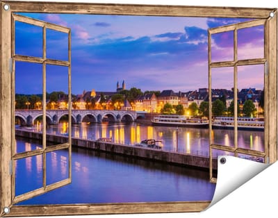 Gards Tuinposter Doorkijk Maastricht Maas Rivier bij de Sint Servaasbrug - 90x60 cm - Tuindoek - Tuindecoratie - Wanddecoratie buiten - Tuinschilderij