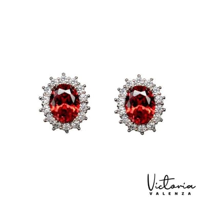 Victoria Valenza Cologne Luxe Oorbellen Dames Messing Oorringen - Rode Steen - Kleur Zilver - 1 Paar