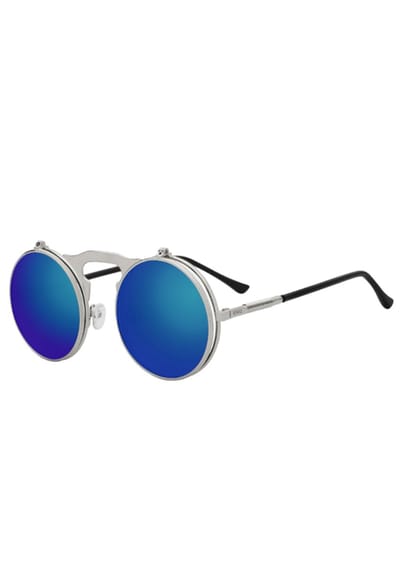 KIMU® Ronde Zonnebril Flip Up - Zilver Montuur Rond - Blauwe Spiegelglazen - Vintage Steampunk Retro Opklapbaar Bril Festival