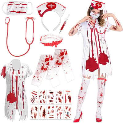 Vrouwelijk Zombie Verpleegster Kostuum voor Halloween met Kniekousen, Hoofdband en Tattoo Accessoires