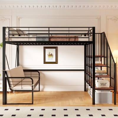 VVBV Kinderstapelbed 140x200 cm met Trap/Ladder, Voor Kinderen/Tieners - Voor Volwassenen, Opbergruimte - Metaal Zwart