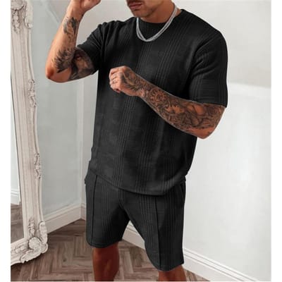 Zomer Trainingspak Heren Casual Sport Set Effen Kleur Ruit Korte Mouw Shorts Sets Heren Mode 2-Delige Sportkleding S zwart