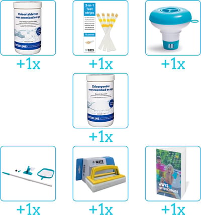Zwembad Onderhoudspakket - Onderhoud Zwembad - bevat Chloor - Testrips - Chloordrijver - Chloor - Schoonmaakset - Scrubborstel en Zwembadgids (7-delig)