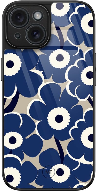 Hoesje geschikt voor iPhone 15 - Abstract bloom - Luxe Hard Case - Bloemen - Blauw - Mooie Telefoonhoesjes