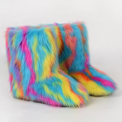 Dames Faux Fur Laarzen Winter Pluizige Pluche Warme Middenkuit Sneeuwlaarzen Luxe Mode Furry Laarzen Comfortabele Outdoor Platte Schoenen 36 blue