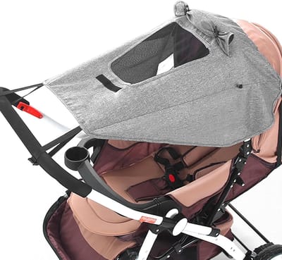 Thijox - Universele parasol voor kinderwagens met UV-bescherming 50+, waterdichte zonwering, grijze parasol met ramen en zonnekleppen, ideaal voor bui
