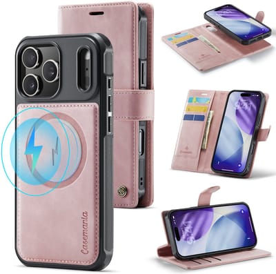 Casemania Hoesje Geschikt voor Apple iPhone 17 Pro - Pale Pink - Geschikt voor MagSafe - Luxe Kunstleer 2 in 1 Afneembare Bookcase - Magnetische Telefoonhoesje met Pasjeshouder en Standaardfunctie
