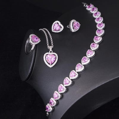 Nieuwe Roze Hartvormige Ketting Oorbellen Ketting en Ring Vierdelige Set Hartvormige Zirkonia Sieradenset W5441WW-
