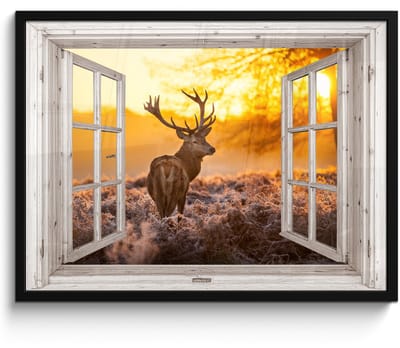 Poster in lijst - Fotolijst 70x50 cm - Posters - Hert - Herfst - Dieren - Natuur - Bos - Doorkijk - Posterlijst zwart - Decoratie - Wanddecoratie woonkamer - Muurdecoratie slaapkamer
