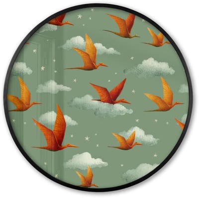 Poster in lijst Rond - Fotolijst 60x60 cm - Posters - Dinosaurussen - Wolken - Sterren - Oranje - Ronde posterlijst zwart - Decoratie - Wanddecoratie woonkamer - Muurdecoratie slaapkamer