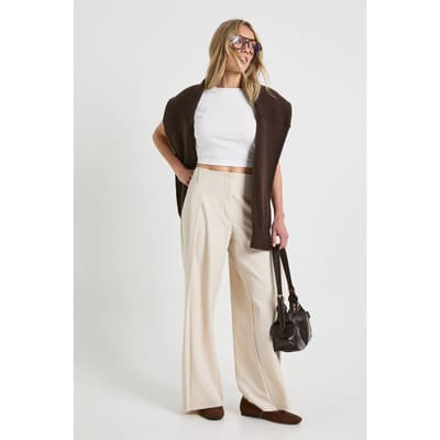 boohoo Dames Petite geweven geplooide wijde broek | Stone | Maat: 14