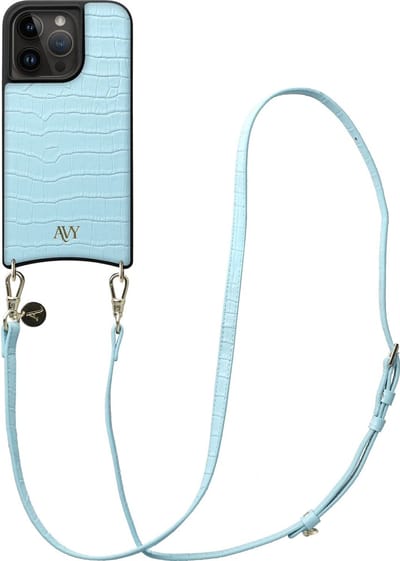 AVY Leren Hoesje Geschikt voor Apple iPhone 15 Pro | Compatibel met MagSafe | Leather Case met Telefoonkoord | Crossbody | Croco Blauw | Long Leather