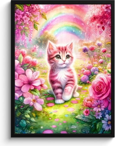 Poster in lijst - Fotolijst 60x80 cm - Posters - Kitten - Roze - Kat - Regenboog - Bloemen - Posterlijst zwart - Kamer decoratie - Wanddecoratie kinderkamer - Muurdecoratie babykamer