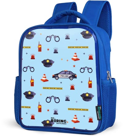 NoBoringSuitcases.com® - Rugzak blauw - Schooltas jongens - Politie en veiligheidspatroon op lichtblauw - Kinder rugtas jongen - Boekentas kind - Kinderrugzak voor school - Schoolrugzak