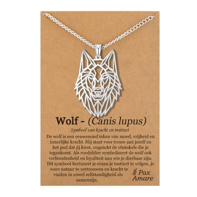 Wolf Kop Ketting op Cadeau Kaartje Zilverkleurig - Stoere Wolven Hanger - Roestvrij Staal / Stainless Steel - 60cm - Pax Amare