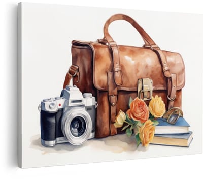 Artaza Canvas Schilderij Stilleven - 90x60 cm - Wanddecoratie Vintage Camera - Muurdecoratie Rozen - Decoratie Leren Tas Aquarel