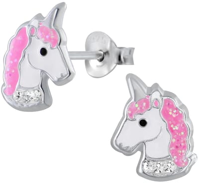 Joy|S - Zilveren eenhoorn oorbellen - unicorn oorknoppen - wit kristal