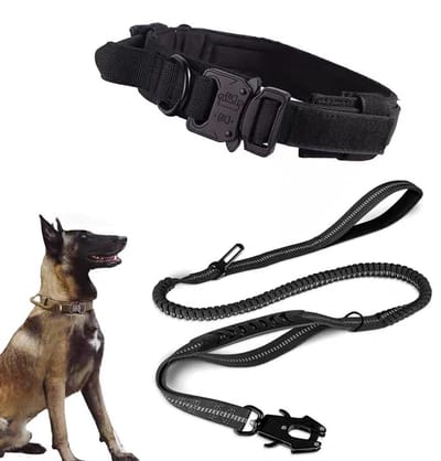 Tactische gewatteerde, ademende, zachte nylon halsband met zwaar metalen gesp, verstelbare basic militaire halsband met handvat voor middelgrote en grote honden,Hondenhalsband+Hondenriem Zwart,M
