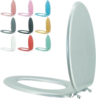 Langwerpige Toiletbril - Houten Deksel - Badkamer Vernieuwen - Verschuiving Voorkomen - 48 x 36 cm - Zilver