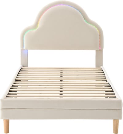 Gestoffeerd bed 90x200cm Kinderbed zonder matras Beige Fluweel met houten latten met meerkleurige LED-strips