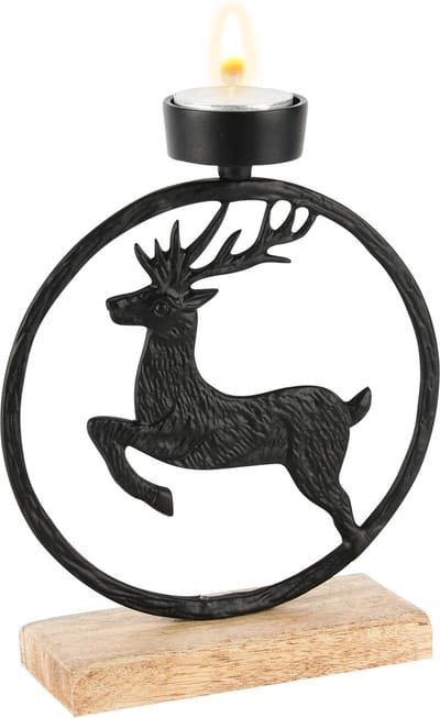 Dekoratief | Theelichthouder ring m/hert, zwart, aluminium/hout, 16x5x19cm | A248465
