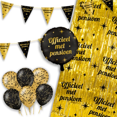 LUQ – Party Essentials Pensioen – Zwart-Goud Pensioen Feest Decor – Luxe Ballonnen-Slingers-Vlaggenlijn-Gordijn