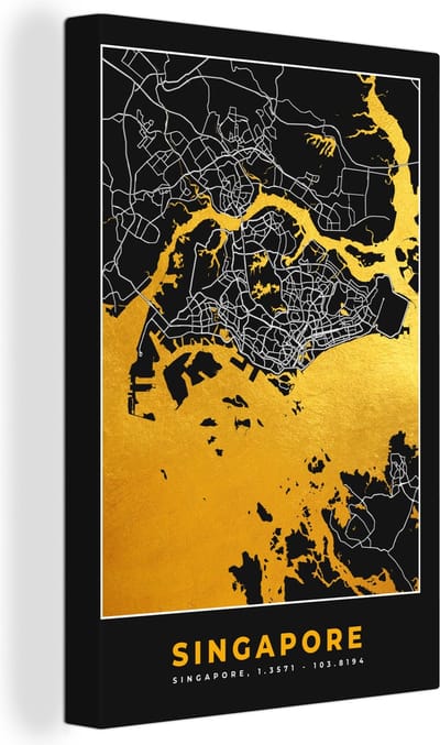Canvas Schilderij Singapore - Stadskaart - Goud - Plattegrond - Kaart - 20x30 cm - Wanddecoratie