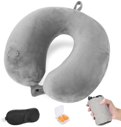Opblaasbaar Reiskussen voor Vliegtuig - Neksteunkussen voor Reizen - Verstelbaar & Compact Vluchtkussen - Ergonomische Neksteun met Oordopjes, Oogmasker en Draagtas - Grijs