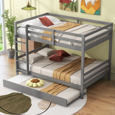 STILVORA Stapelbed 140x200 cm – Etagebed Met Uitklapbed & Hoge Relingen – Voor 3 Personen Met Stabiele Trap – Hout – Grijs – Zonder matras