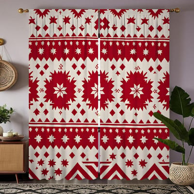 2 stuks HD Kerst Nieuwjaar ruit decoratief gordijn Rood lint digitaal bedrukt gordijn Huisdecoratie stijl Decoratie woonkamer W52H63inchW132H160cm red