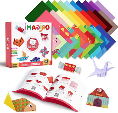 Kleurrijk origami papier voor kinderen, 360 vellen 15 x 15 cm, 160 dubbelzijdige knutselbladen, 20 kleuren, inclusief 200 oefenbladen en 6 stickers met instructies