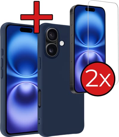 Hoesje - Met 2x Screenprotector - Geschikt voor Apple iPhone 16 - Sterk & Shockproof - Telefoon Hoes - Back Cover - Siliconen Case - Telefoonhoes - Donkerblauw