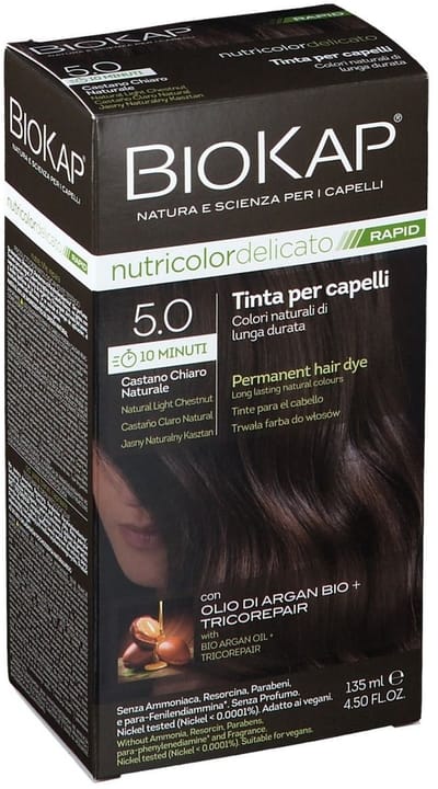 BIOKAP RAPID Permanent Hair Colour 5.0 Natural Chestnut Light Brown 10 Minutes Reaction Time Organic Argan Oil TricoREPAIR Complex Vegan Optimal Grey Coverage Up to 80% Natural Ingredients