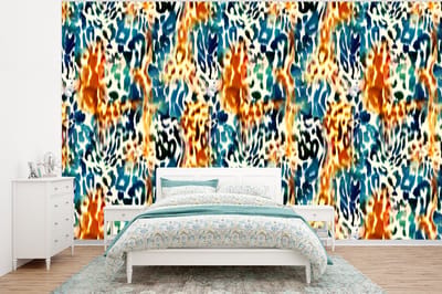 Behang - Fotobehang Oranje - Blauw - Dierenprint - Patronen - Breedte 320 cm x hoogte 240 cm
