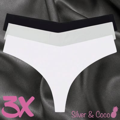 SilverAndCoco® - 3 Stuks Naadloze Strings / Seamless Onderbroek String Dames / Zacht Brazilian Slipje / Naadloos Stretch Ondergoed Vrouw / Zwarte Witte Grijze Strings Dames Lingerie Broekje Slip Black - Zwart Wit Grijs / Small S