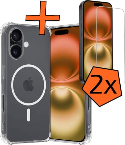 Hoes - Met 2x Screenprotector - Geschikt voor Apple iPhone 16 - Magsafe Compatible - Sterk & Shockproof - Back Cover - Shock Proof Case - Telefoon Hoes - Transparant