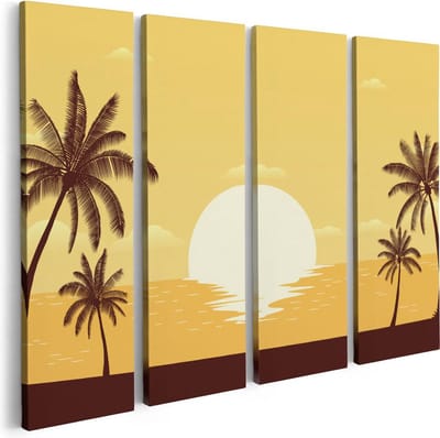 Artaza Canvas Schilderij Vierluik Zonsondergang Met Palmbomen - Abstract - 80x60 - Foto Op Canvas - Canvas Print