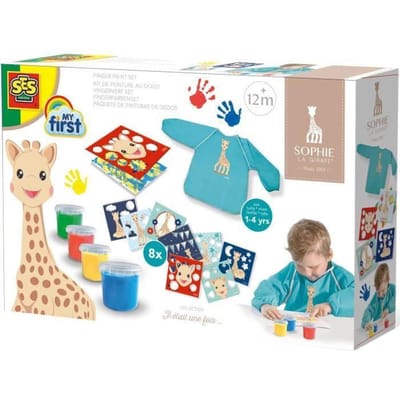 SES Creative - Sophie la Girafe - Vingerverf Set met Kliederschort - 4 kleuren vingerverf - inclusief verfschort, papier en overlegvellen - glutenvrij - makkelijk uitwasbaar - vingerverf vanaf 1 jaar