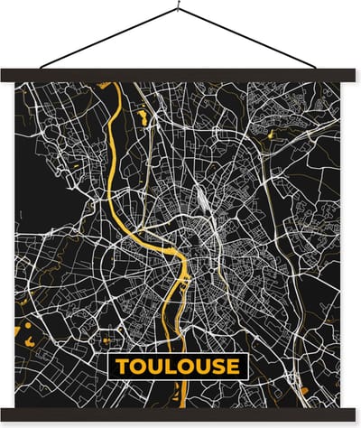Posterhanger incl. Poster 60x60 cm - Schoolplaat - Frankrijk – Plattegrond – Toulouse - Stadskaart - Kaart - Textielposter - Zwarte latten - Stadskaart