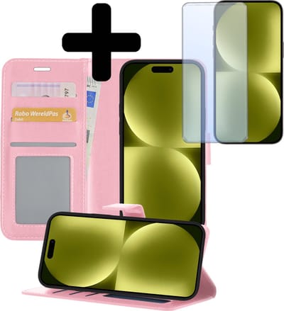 Hoesje - Met Screenprotector - Geschikt voor Apple iPhone 15 - Luxe Pasjeshouder - Bookcase Portemonee - Flip Case - Kunstleer Book Case - Flipcase - Book Cover - Walletcase - Portemonneehoes - Telefoonhoesjes - Lichtroze