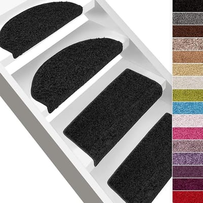 FLOORDIREKT Shaggy Trapmat - Sphinx - Zelfklevend - Halfrond - Zwart - 23,5 x 65 cm