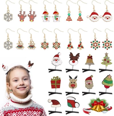 Kerst Haaraccessoires voor Kinderen - 10 Stuks Haarclips en 9 Paar Kerstoorbellen als Cadeau voor Adventskalender en Feestdagen