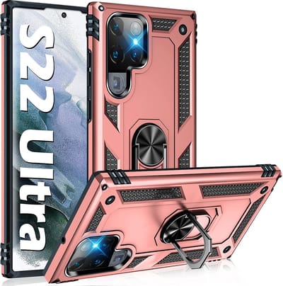 Hoesje Geschikt Voor Samsung Galaxy S22 Ultra Hoesje Anti-Shock Hybrid Armor Rose Goud - Hoesje Geschikt Voor Samsung Galaxy S22 Ultra hoesje met Kickstand Ring Houder - Kunststof - Back Cover