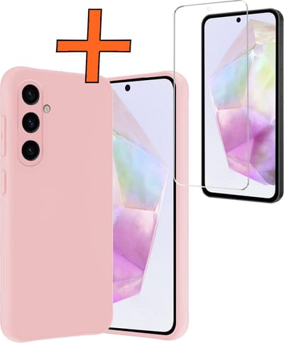 Hoes - Met Screenprotector - Geschikt voor Samsung Galaxy A35 - Sterk & Shockproof - Back Cover - Siliconen Case - Telefoon Hoes - Lichtroze